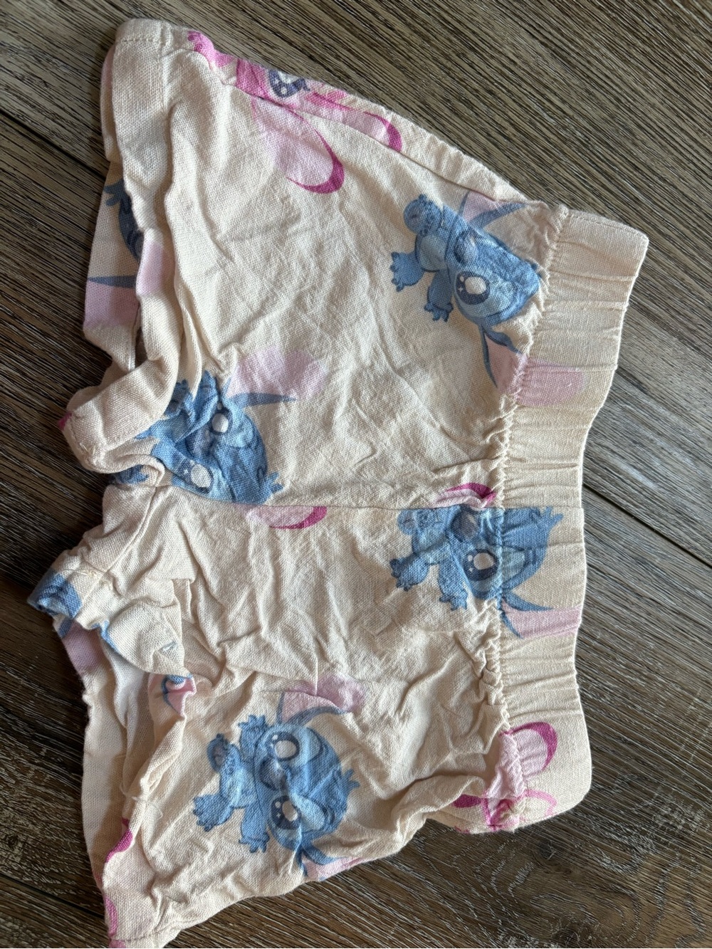 Disney Cream Shorts with Blue and Pink  Stitch Prints linen blend 12 months
